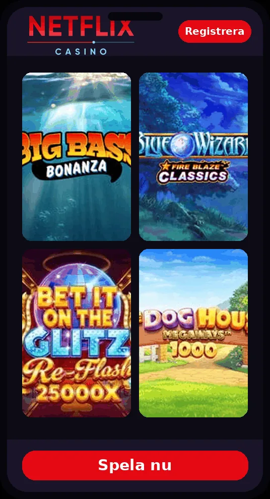 Mobil lobby hos Netflix Casino med slots och live-spel